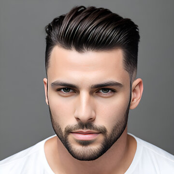 Man with short slicked back haircut on gray background