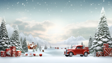 Vintage Truck with Christmas Tree on Snowy Road,Merry Christmas in a Winter Wonderland,AI Generative 