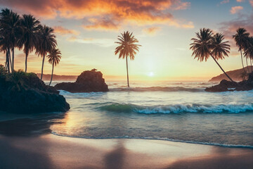 Tropical seashore with palm trees at sunset