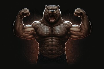 AI generated illustration of an angry roaring bear showing off its muscles - obrazy, fototapety, plakaty