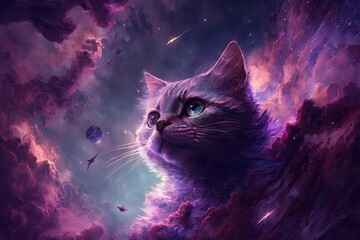 AI generated illustration of a cute fantasy glowing cat in a purple sunset sky