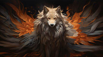 Majestic Wolf Enveloped in Fiery Wings Generative AI Art for Powerful Visual Narratives - obrazy, fototapety, plakaty