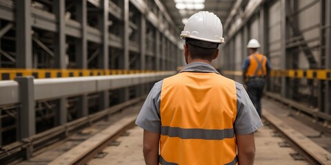 Back view of an industrial worker working on a project, wearing a safety vest and hard hat, safety concept