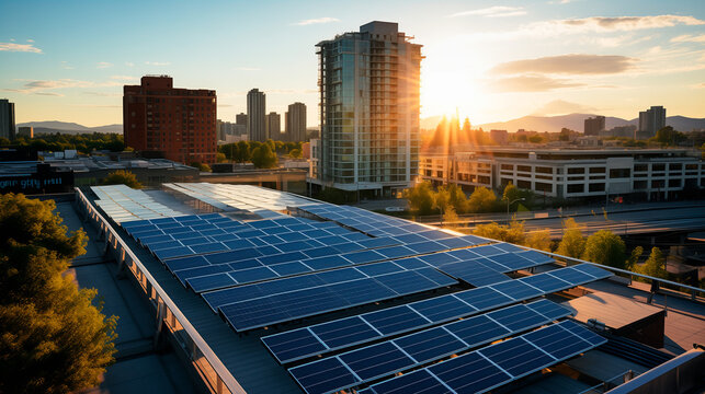 Paneles solares en una ciudad de edificios 