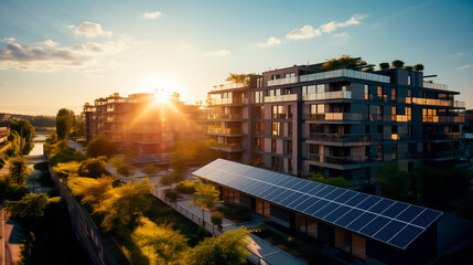Obraz premium Paneles solares y edificios en una zona residencial, vista aérea