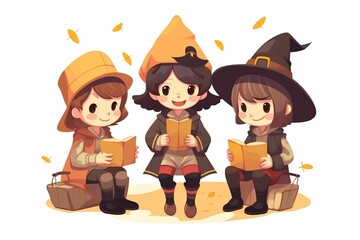 AI generated illustration of three girls in witch costumes