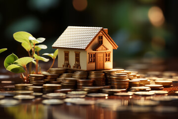 3D house surrounded by golden coins. Wealth and prosperity concept. Copy space - obrazy, fototapety, plakaty