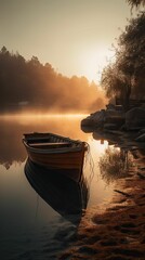 AI generated illustration of a boat peacefully resting in a lake at sunset