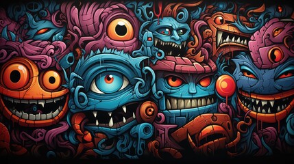 AI generated illustration of a mural with a variety of colorful cartoon-style monsters - obrazy, fototapety, plakaty