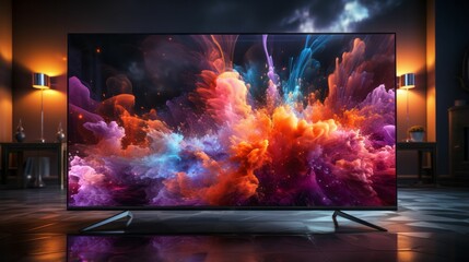 AI generated illustration of a black television set with vibrant colored smoke on the screen