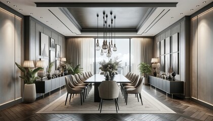 Fototapeta premium Luxurious Modern Dining Room Interior with City View
