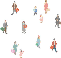 アイソメトリック　セール　買物　人物　家族　ファミリー　男性　女性　子供　キッズ　イラスト素材セット
