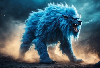 AI generated illustration of an intimidating blue beast monster with its teeth bared - obrazy, fototapety, plakaty