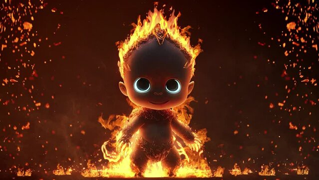A cartoon of a baby monster on fire. Created with Generative AI.	
