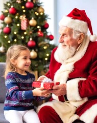 Fototapeta na wymiar Cute girl gives a present on Christmas to her grandfather.