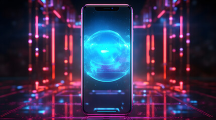 Futuristic 3D hologram mobile phone with abstract digital user interface technology hangs in the air, showcasing a realistic phone with a blank screen in a perspective view,