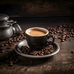 AI generated illustration of a cup and saucer with coffee on a rustic table with coffee beans