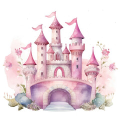 Cute watercolor princess castle Illustration, Generative Ai