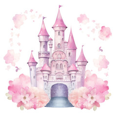 Cute watercolor princess castle Illustration, Generative Ai