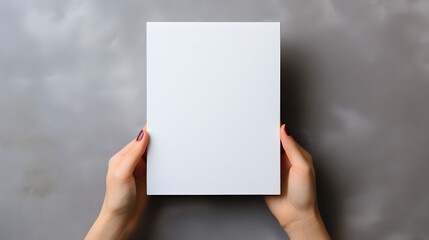 Female hands holding a design template mockup of a blank magazine on a gray background,