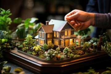 A hand carefully places the roof on a detailed miniature house surrounded by a crafted garden, showcasing a model home in a lush setting. - obrazy, fototapety, plakaty