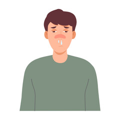 Sad man sick with fever and flu. Vector icon of sneezing with runny nose. Symptoms of coronavirus disease or allergy. Vector illustration