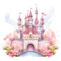 Cute watercolor princess castle Illustration, Generative Ai