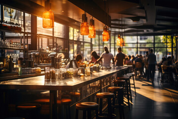 Warm evening light bathes a modern restaurant and bar, where patrons enjoy casual dining and socializing in an inviting urban setting. - obrazy, fototapety, plakaty