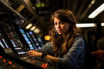 A dedicated woman air traffic controller manages flight operations with high-tech equipment during the nighttime at the airport control tower. - obrazy, fototapety, plakaty