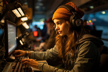 Focused female air traffic controller working with advanced technology and communication equipment during a night shift at an airport control tower.