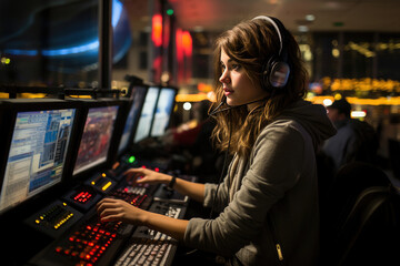 Focused female air traffic controller with headset working at her station among glowing screens at night. - obrazy, fototapety, plakaty