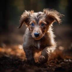 AI generated illustration of a puppy running energetically, with its ears flapping in the wind