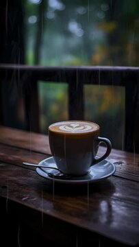 cup of coffee on table.  raining background with lightning. Coffee and rain