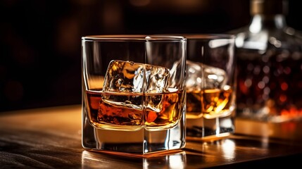 two glasses filled with whiskey on top of a bar table - obrazy, fototapety, plakaty