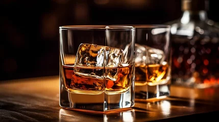 Fotobehang two glasses filled with whiskey on top of a bar table © Wirestock
