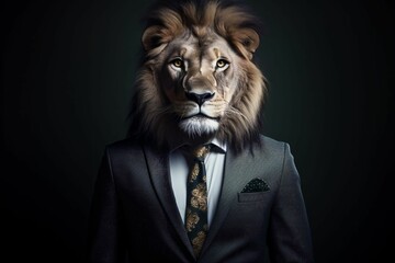 a lion wearing a formal black suit and tie standing against a dark background