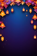 Fototapeta na wymiar Glowing candles for Indian holiday Diwali (Festival of lights) on purple background. Vertical poster