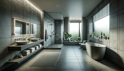 Spacious Modern Bathroom with Dual Vessel Sinks, Freestanding Bathtub, and Walk-In Shower