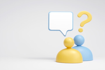 Doll with a question mark and speech bubble on white background. Concept of customer ask for information and communication conversation between people or debate, argument, and counseling