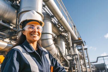 A portrait of smiling female engineer at an oil refinery. Confidently overseeing operations, maintaining safety standards, and ensuring the efficient distillation of petroleum products