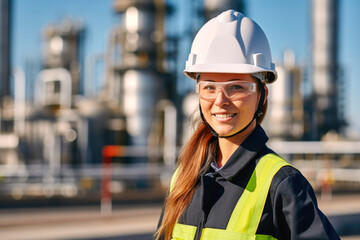 Fototapeta premium A portrait of smiling caucasian female engineer at an oil refinery. Overseeing operations, maintaining safety standards, and ensuring the efficient distillation of petroleum products