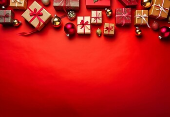 Vibrant red background adorned with festive Christmas decorations, AI-generated. - obrazy, fototapety, plakaty