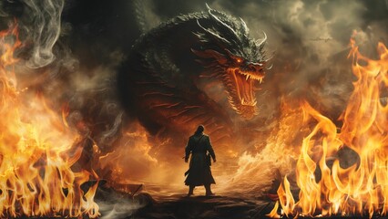 Man standing confidently in front of a large, fire-breathing dragon, AI-generated.