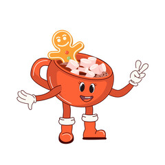 Obraz premium Christmas mug with hot cocoa and marshmallows. Retro character in cartoon fashionable groovy style. The atmosphere is from the 60s and 70s. Merry Christmas and Happy New Year.