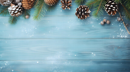 Christmas snow decoration accessories with a blue wooden background copy space