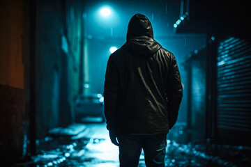 View from behind of a man standing in a dark alley at night. Concept of fear, suspense, thriller, and horror and suicide - obrazy, fototapety, plakaty
