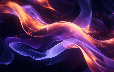 Fototapeta premium Abstract fluid wavy flow with purple and orange colors. Movement of liquid, gas or smoke dark background