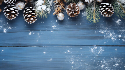Christmas snow decoration accessories with a blue wooden background copy space