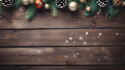 Christmas decoration accessories with snow a wooden background copy space