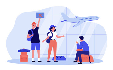 Worried tourists with suitcases in airport waiting for their flights. Vector illustration. Partial government shutdown, aviation crisis concept.